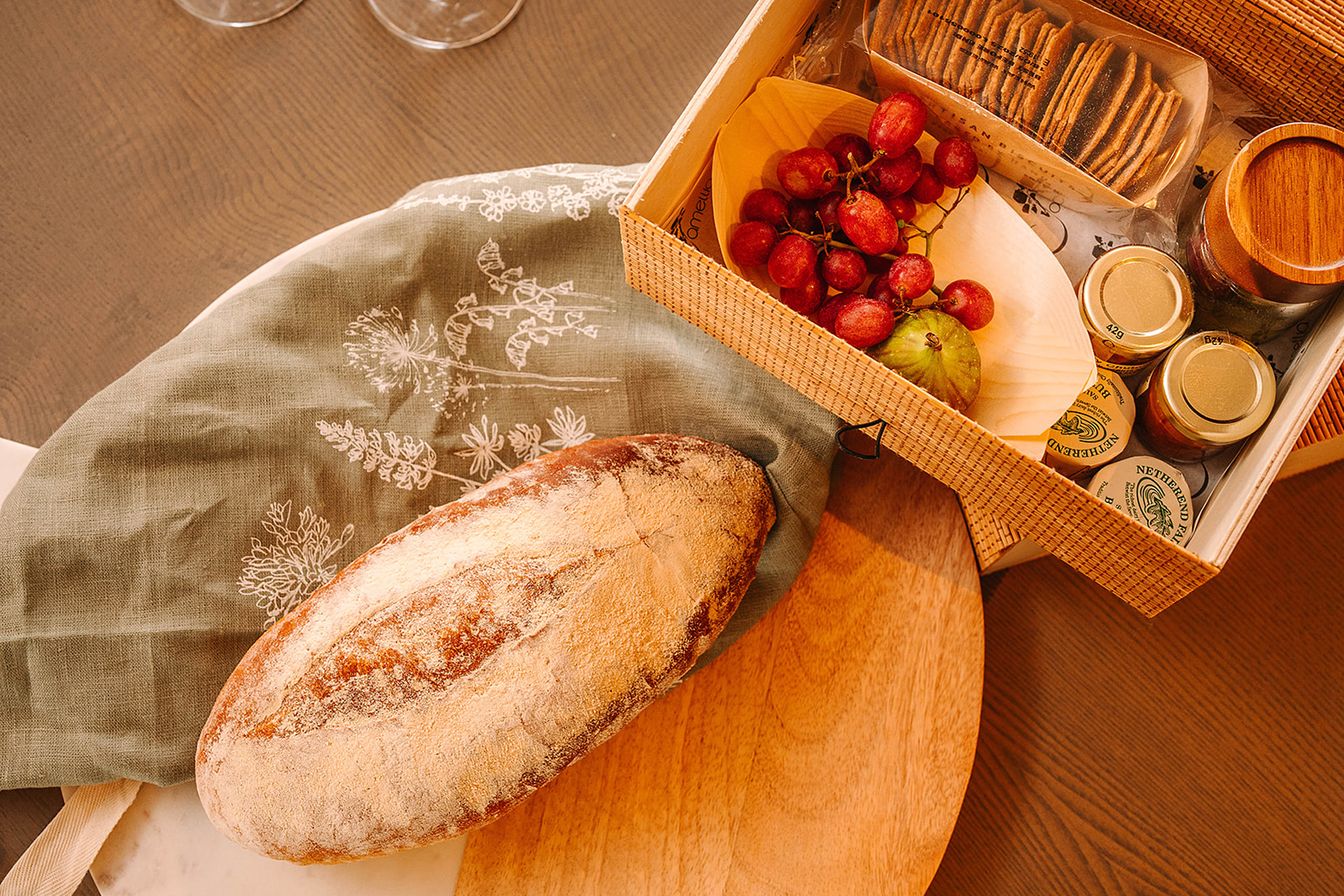 Breakfast hamper with bread and fruit