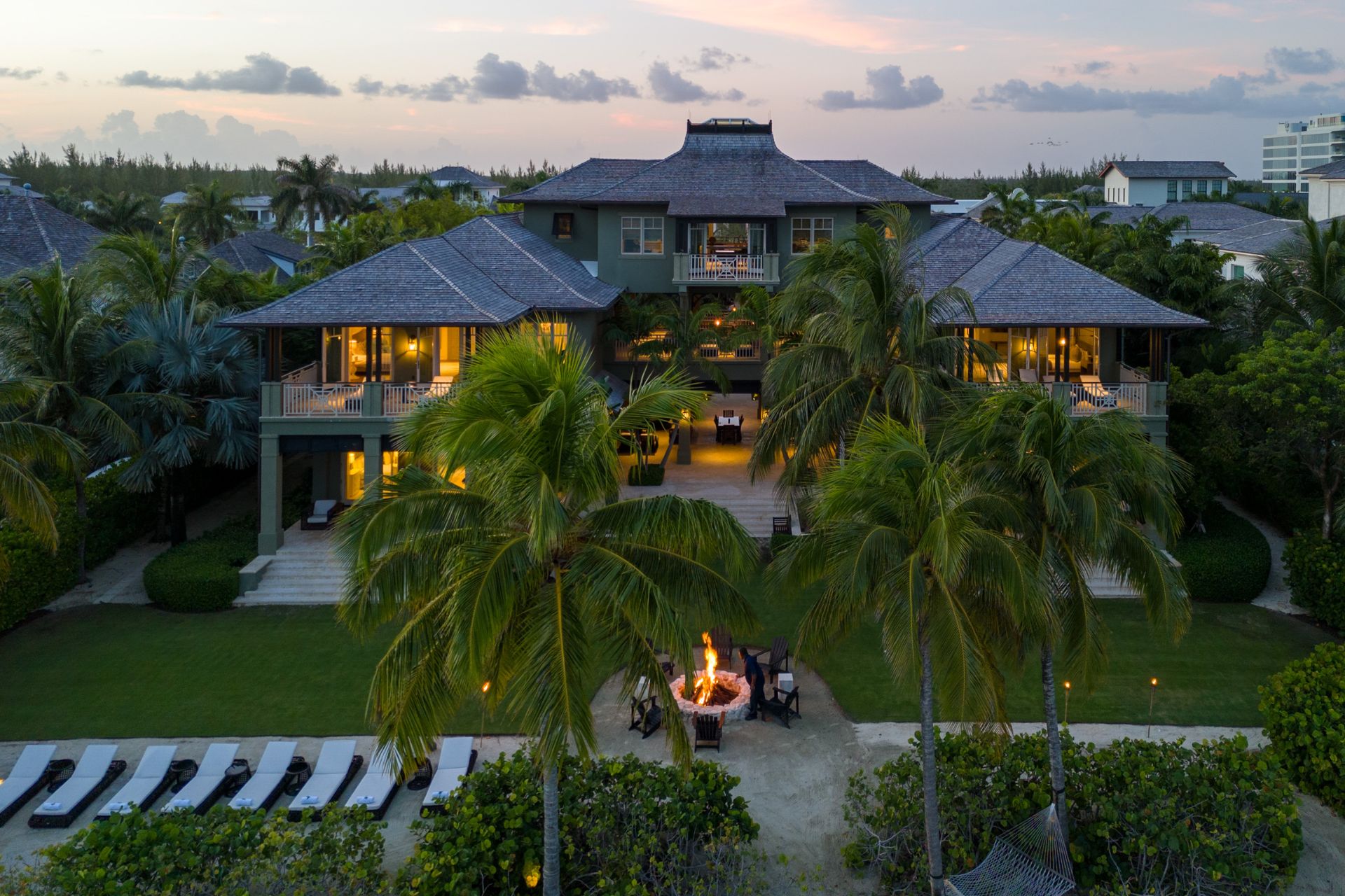 Aerial view of Bahamas mansion at sunset