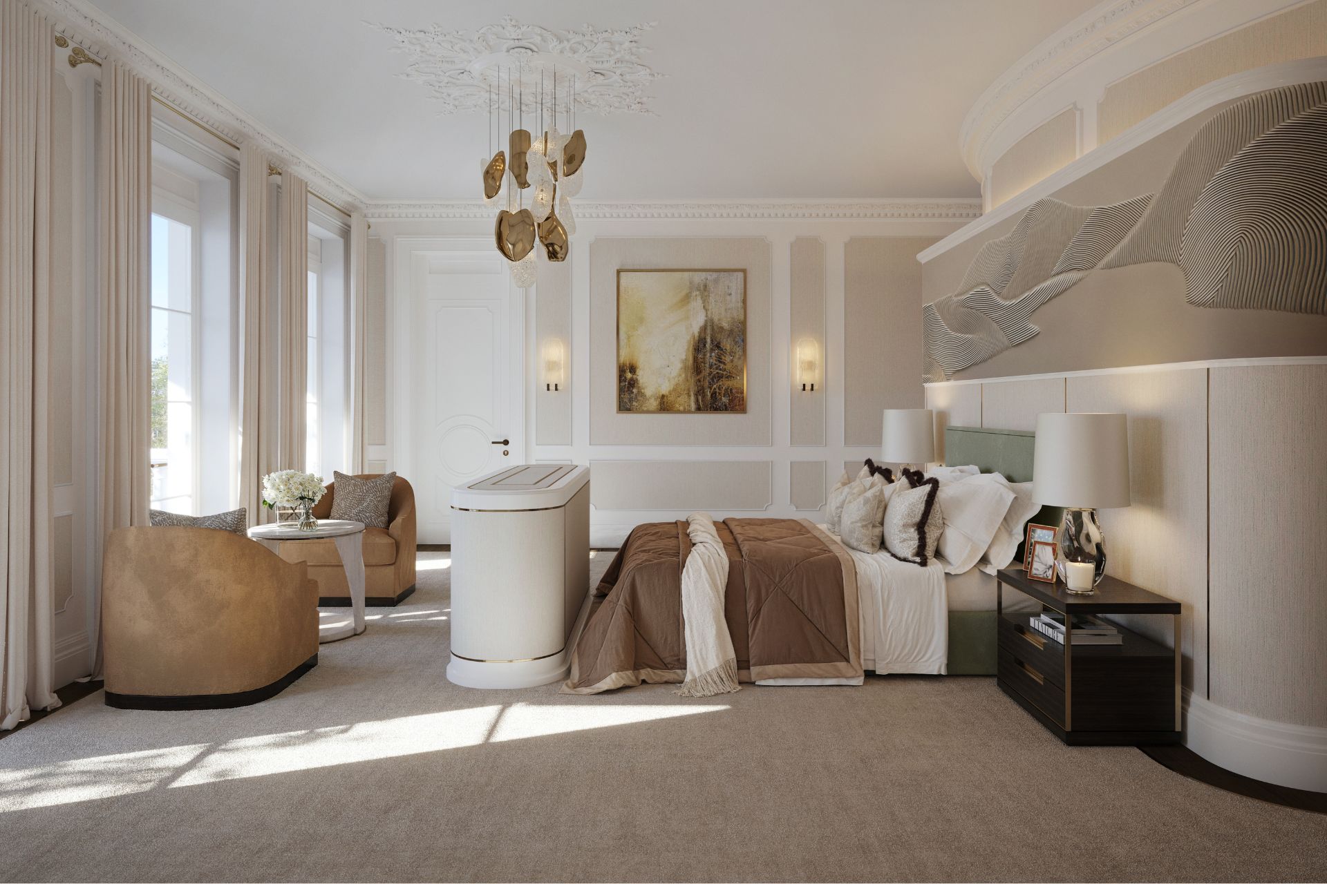 Bedroom with cream and taupe accents and high ceilings