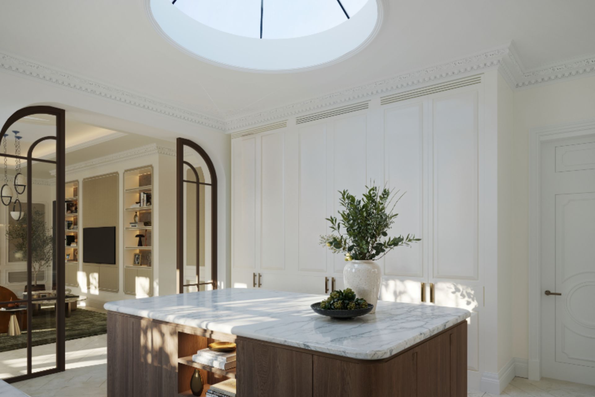 Kitchen with dark wooden cabinets and white marble worktops