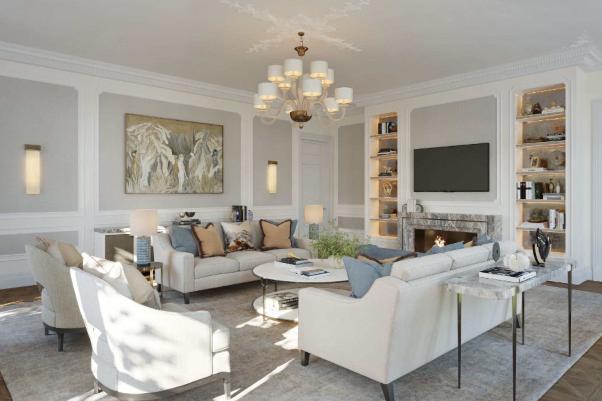 Living room with cream sofas and a chandelier