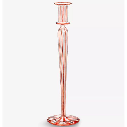 Red and white striped glass candlestick holder