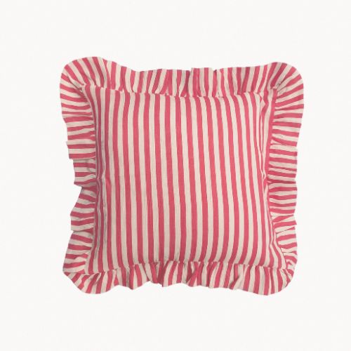 Red and white striped cushion with ruffled edges