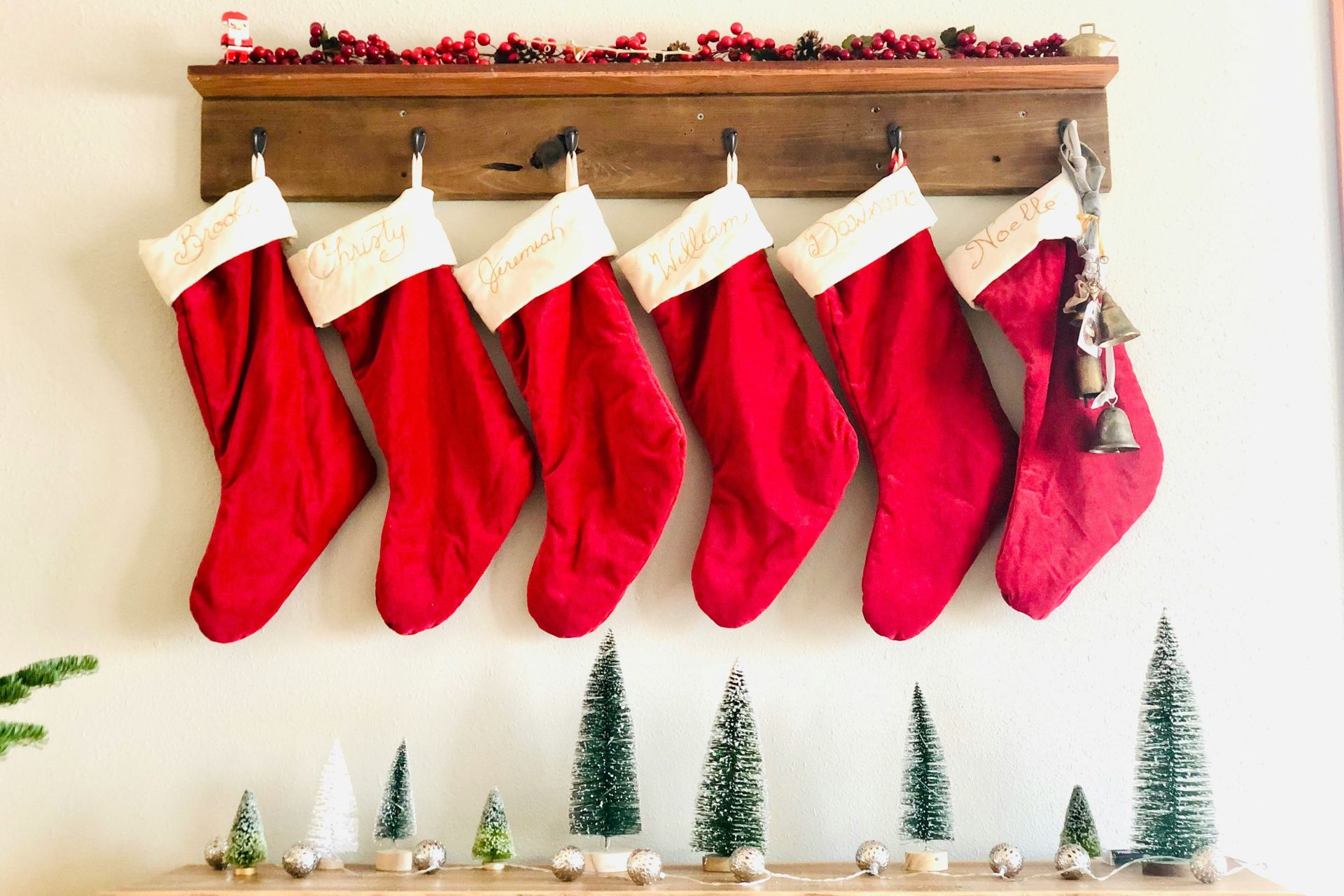 Red stockings hanging from shelf