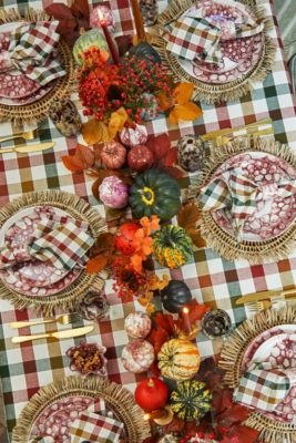 Green, orange and burgundy gingham tablecloth with pumpkin centrepiece