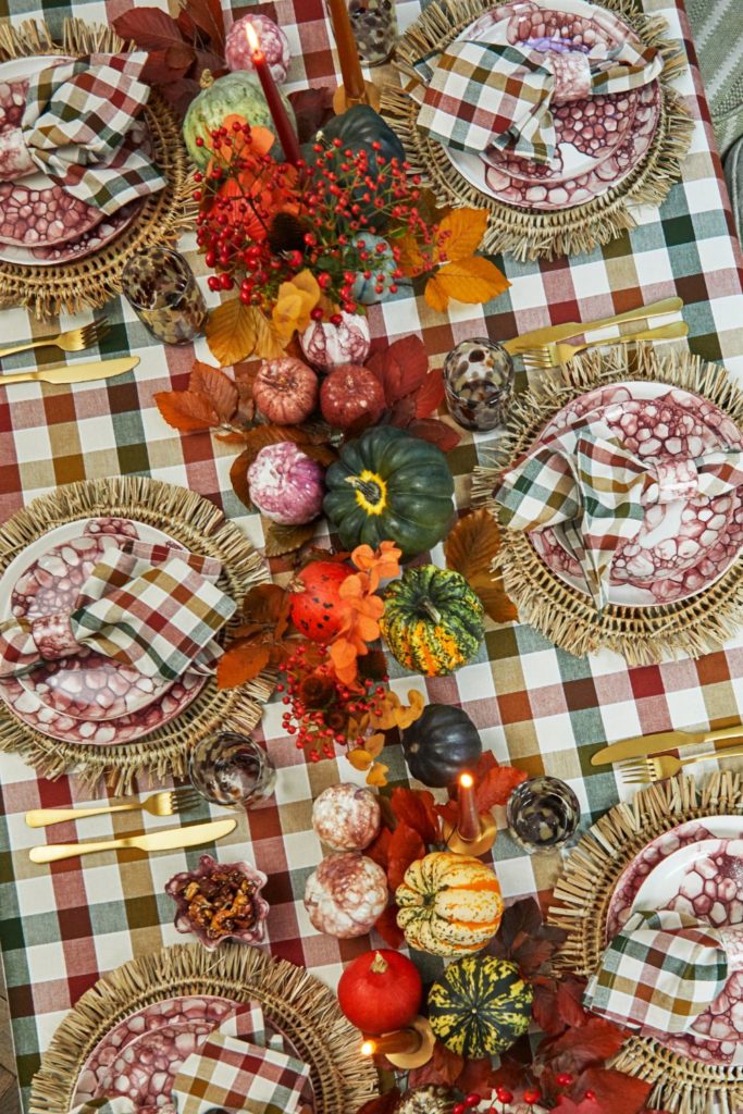 Green, orange and burgundy gingham tablecloth with pumpkin centrepiece