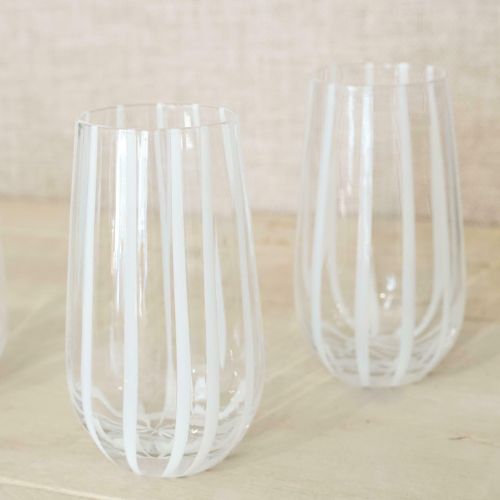 Glass tumblers with a white stripe design