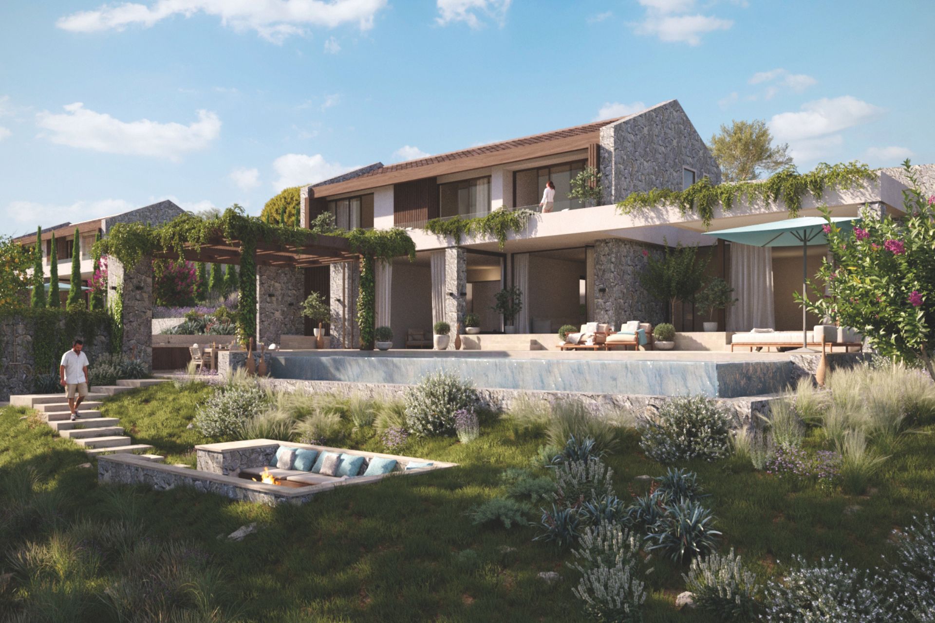 CGI stone villa with pool and outdoor seating area