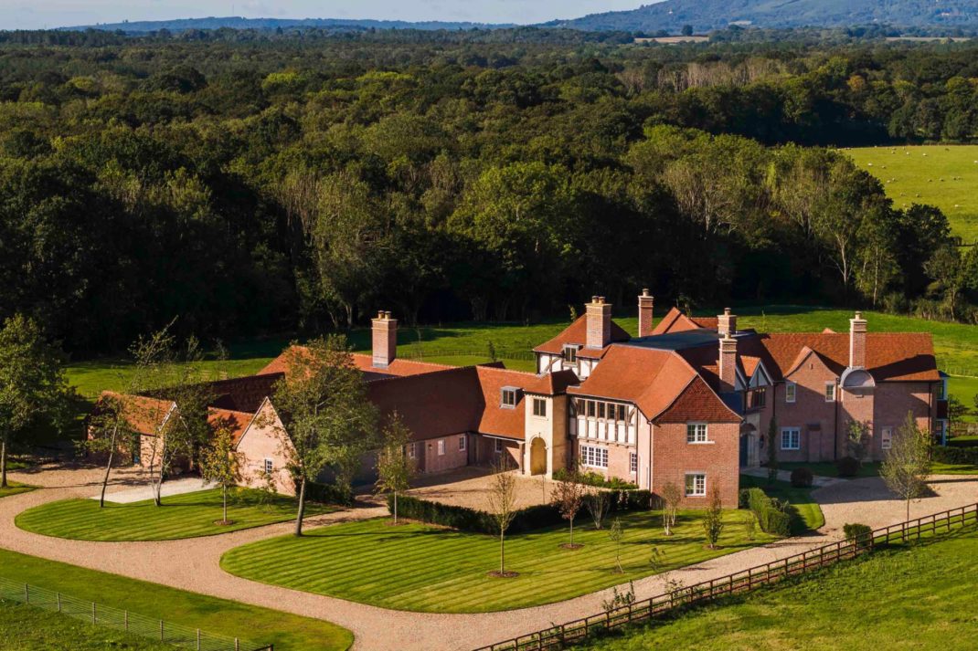 Aerial view of Arts & Crafts style country home