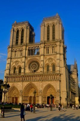 Notre Dame facade with blue sky