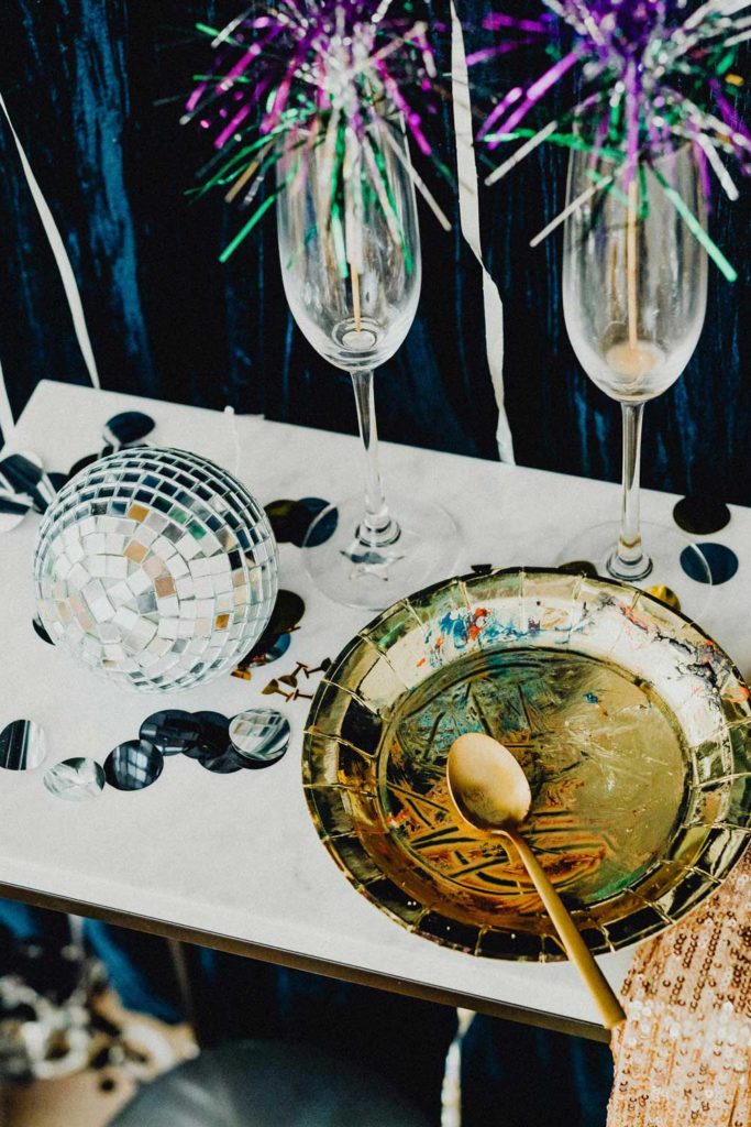 Christmas party drinks with tinsel decorations