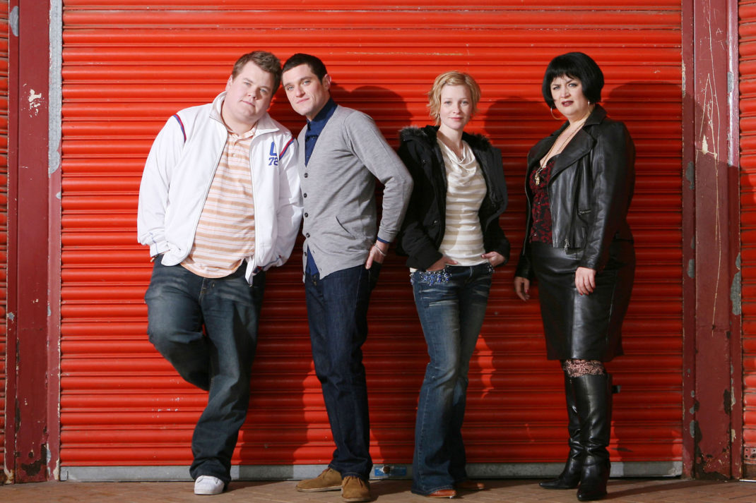 Smithy (JAMES CORDEN), Gavin (MATHEW HORNE), Stacey (JOANNA PAGE), Nessa (RUTH JONES) in Gavin and Stacey series one (2007)