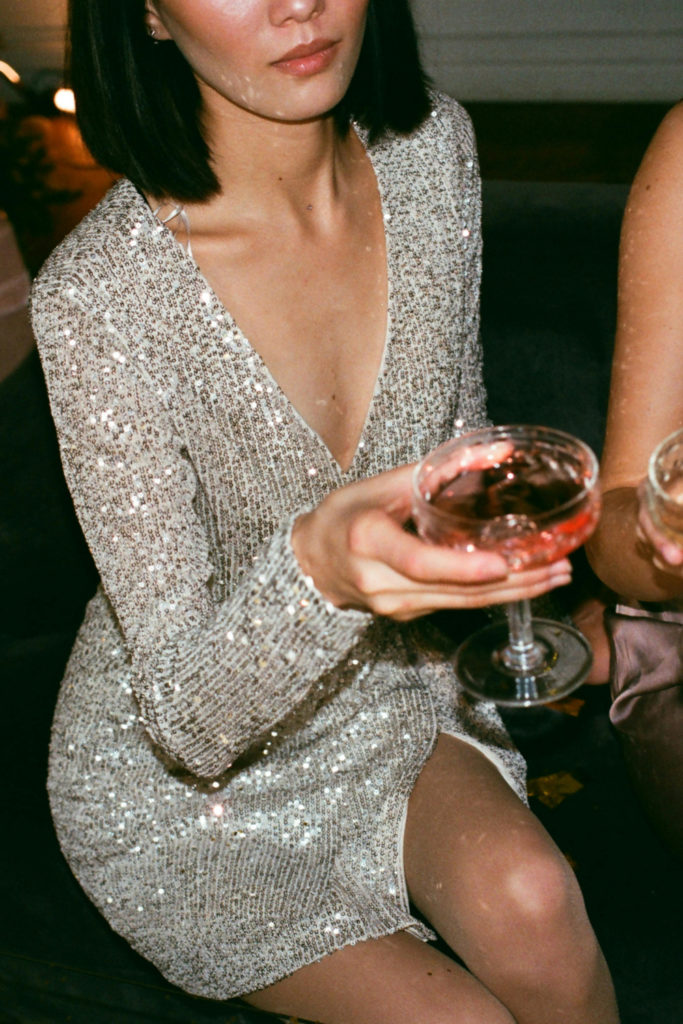 Close up of woman in party dress showing skin