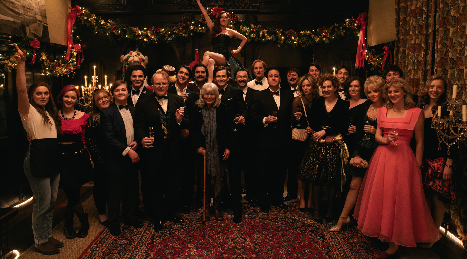 The ensemble cast of Rivals behind the scenes of episode 3.
