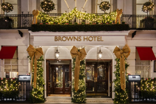 The exterior of Brown's Hotel at Christmas