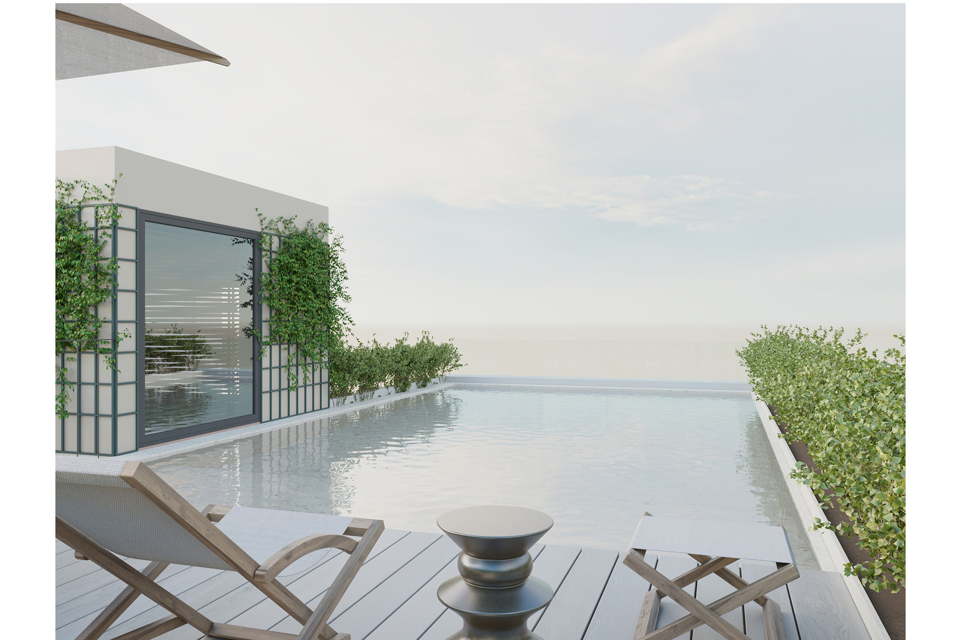 A digital render of a rooftop pool