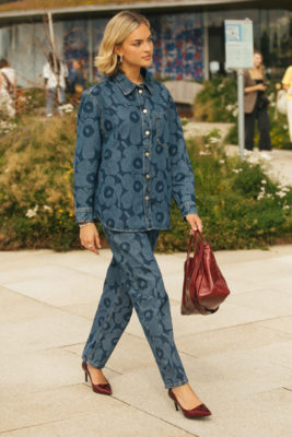 Woman with carved bob and denim outfit