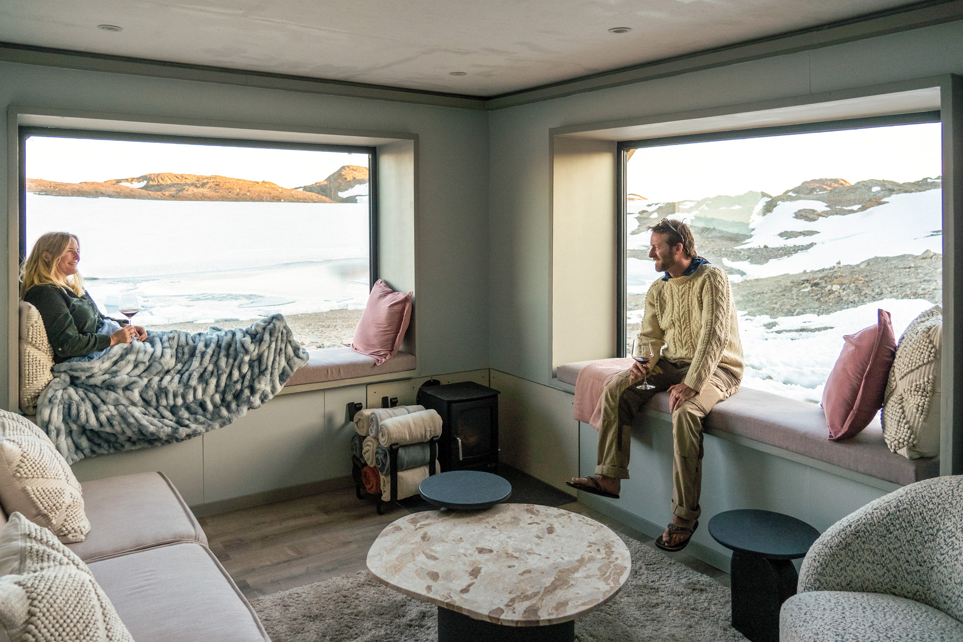 Two people in a cabin at new hotel Ultima Oasis Camp, Antarctica