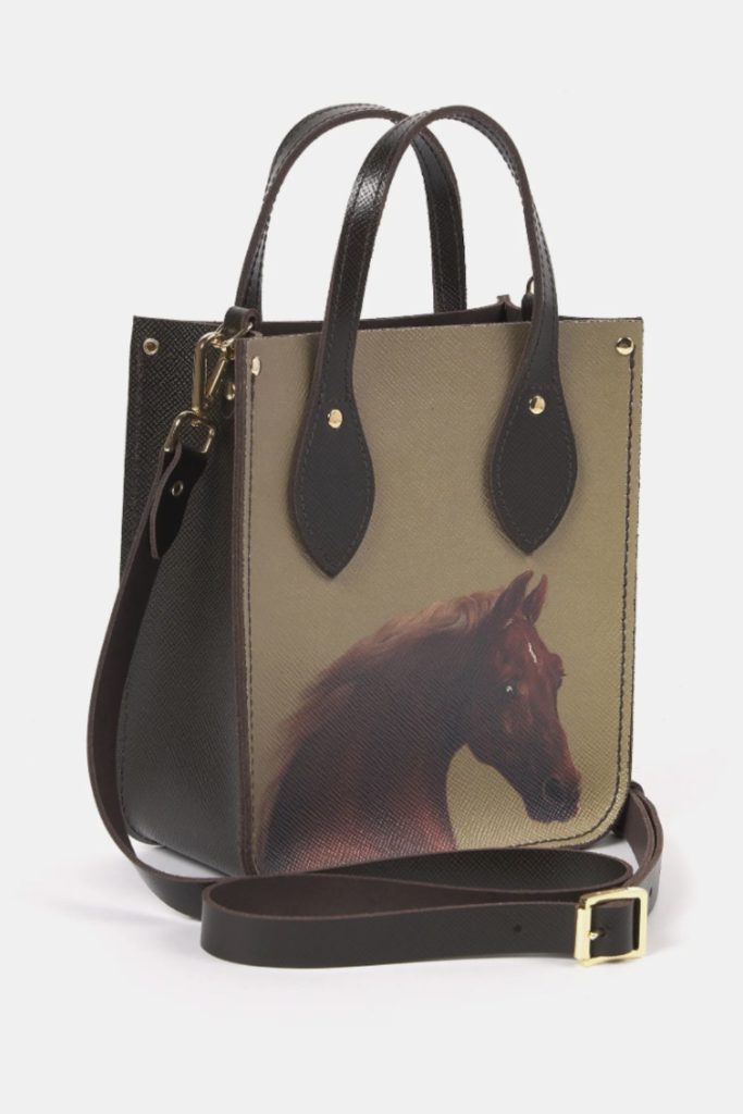Brown leather tote featuring painting of a horse, Whistlejacket by George Stubbs