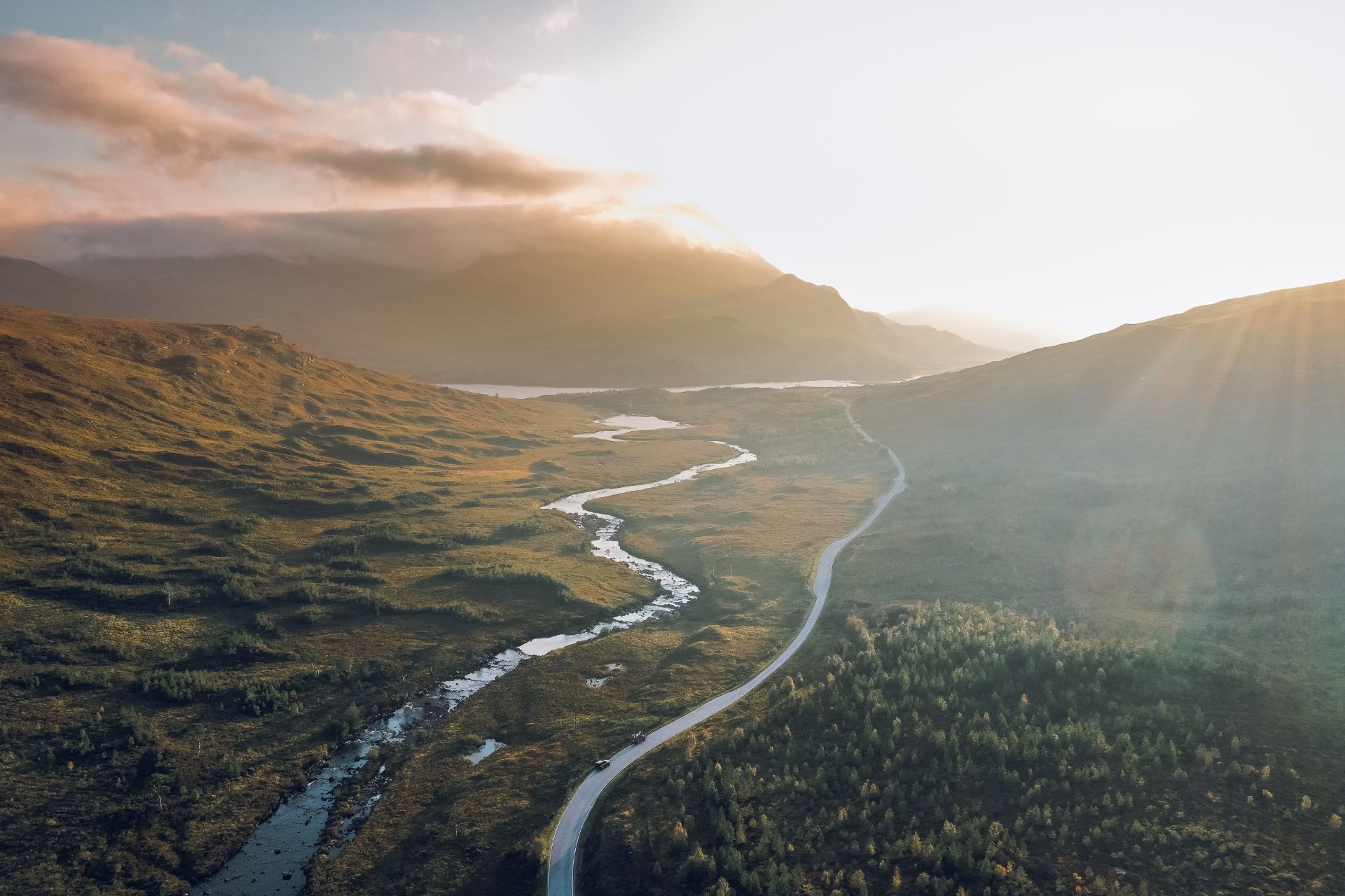 Aerial view of a Highland road on the NC500