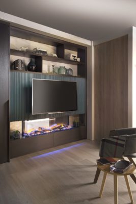 Wooden TV console with navy blue inserts