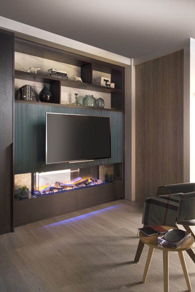 Wooden TV console with navy blue inserts