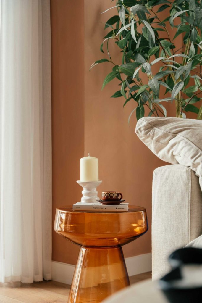 Terracotta living room with orange glass table and monstera plant