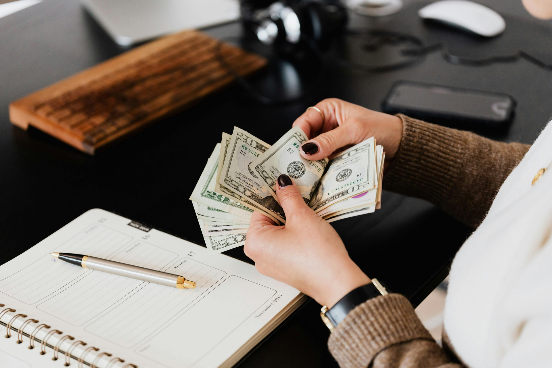 A woman counting money