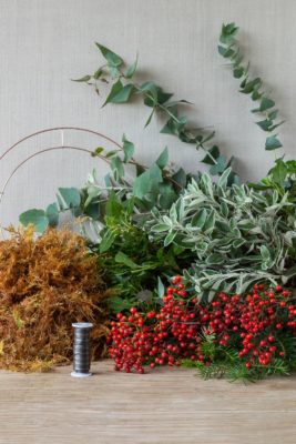 Wreath making kit including foliage, ribbon and a wire frame