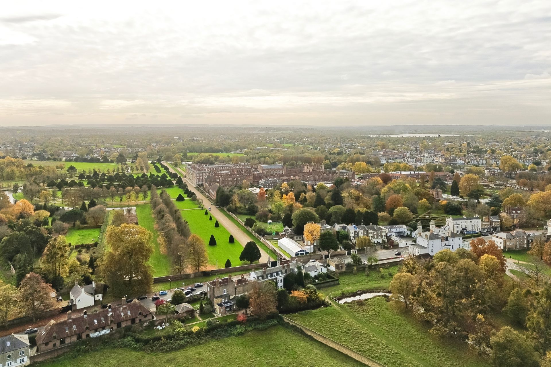 Aerial view of Bushy Park and Hampton Court