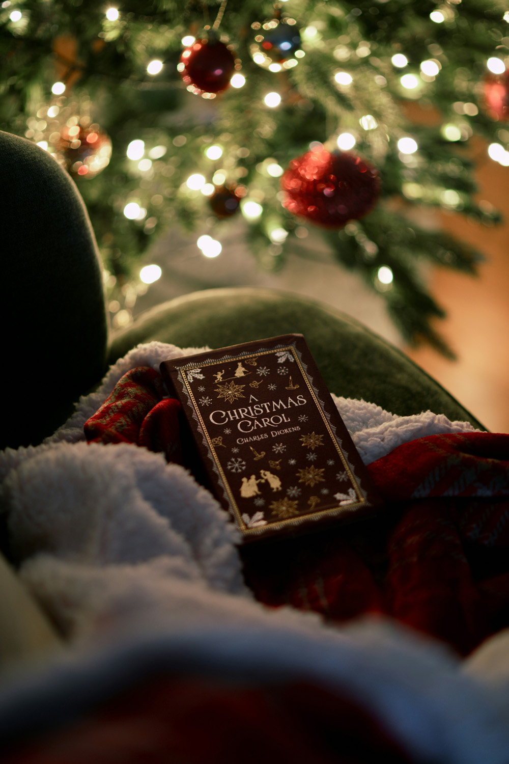 Reading A Christmas Carol by the Christmas tree
