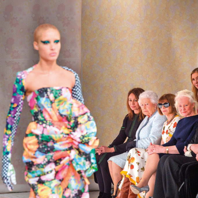 Queen Elizabeth II at a Richard Quinn show