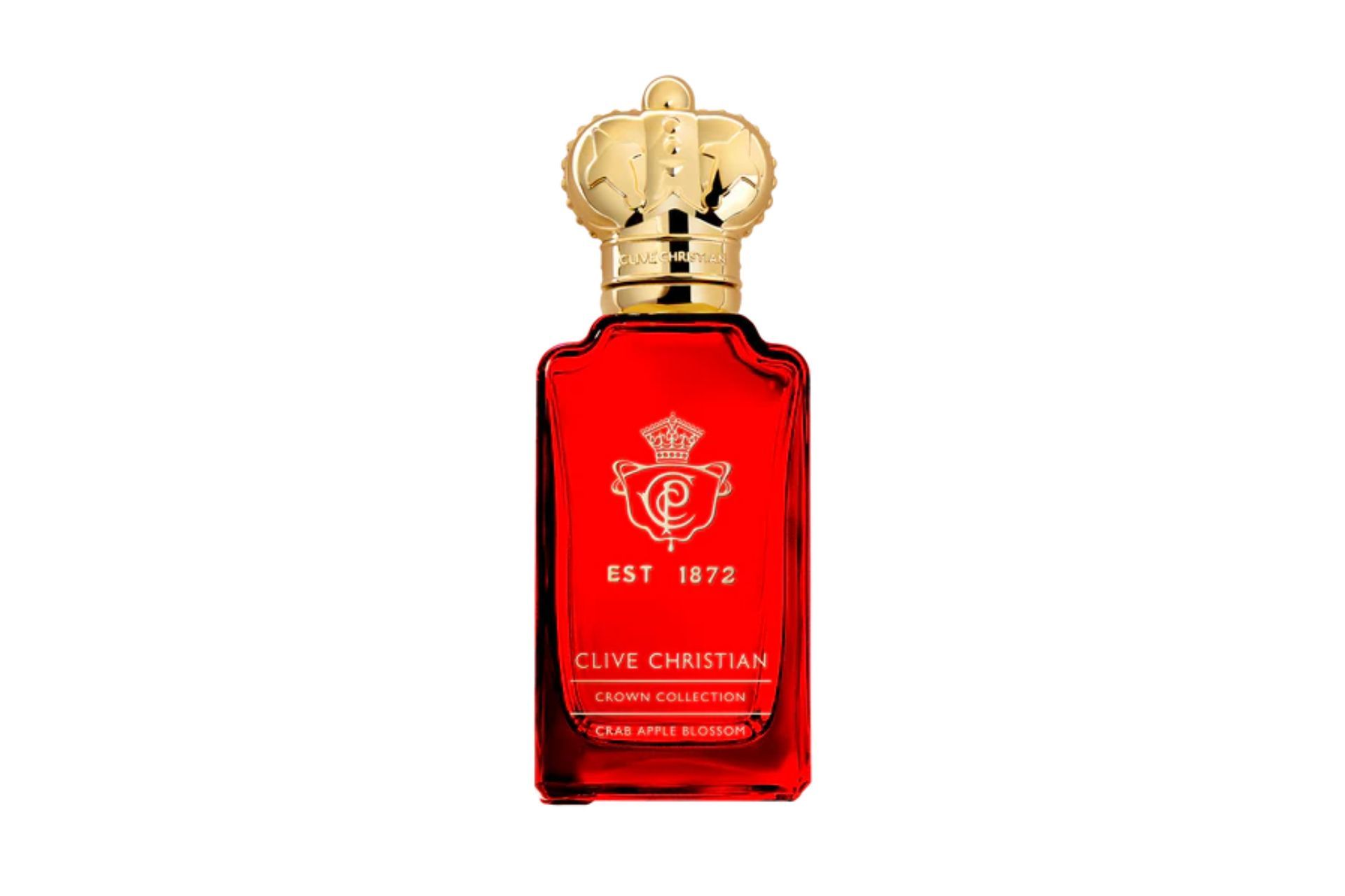 Red perfume bottle wih gold crown topper