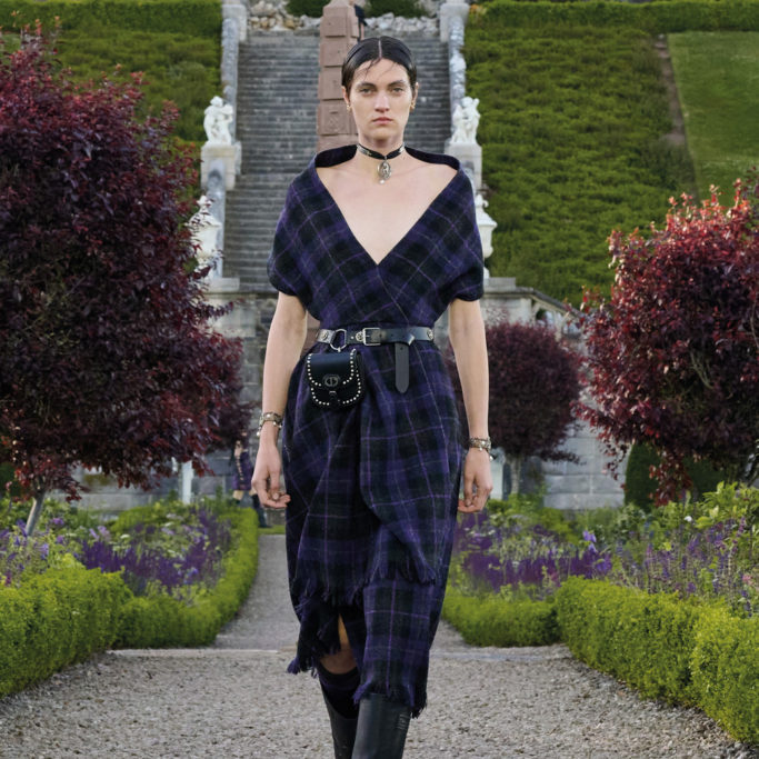 Model walking at Dior’s Scotland show at Drummond Castle