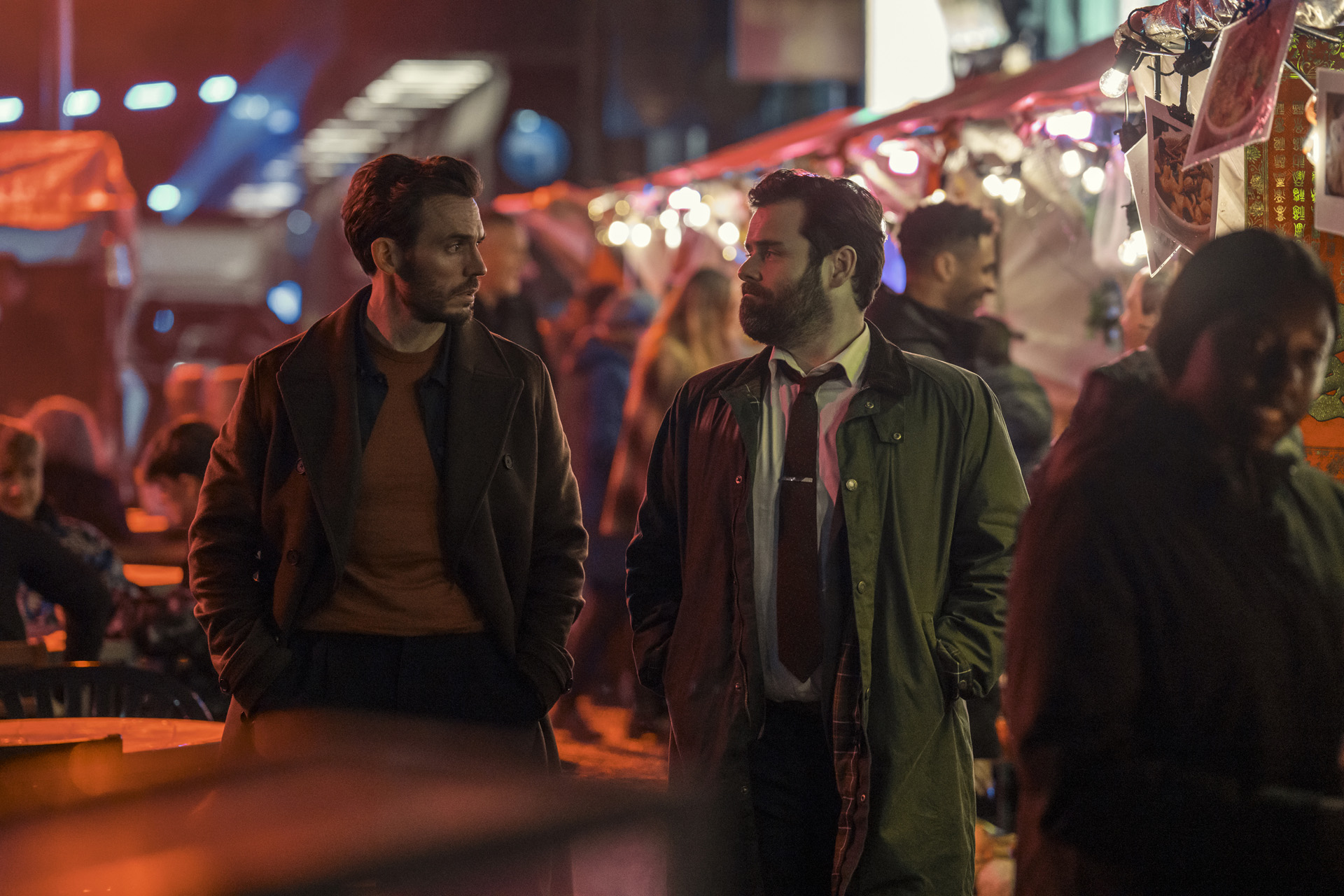 Sam Claflin as Joel Lazarus & David Fynn as Seth McGovern in Harlan Coben’s Lazarus