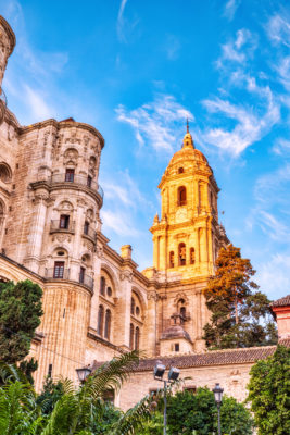 Malaga Cathedral from Plaza Del Obispo at Sunrise with Blue Sky, Malaga, Andalusia, Spain