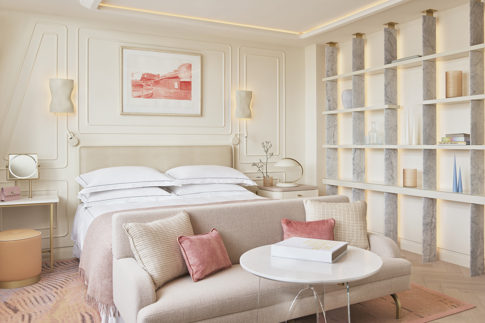 A pastel pink and neutral bedroom at One Aldwych