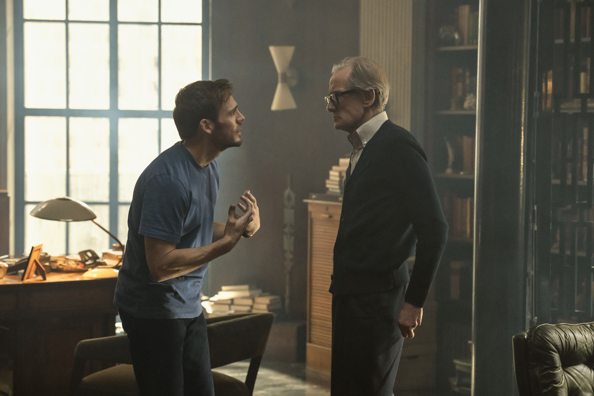 Sam Claflin as Joel Lazarus & Bill Nighy as Dr Jonathan Lazarus in Harlan Coben’s Lazarus