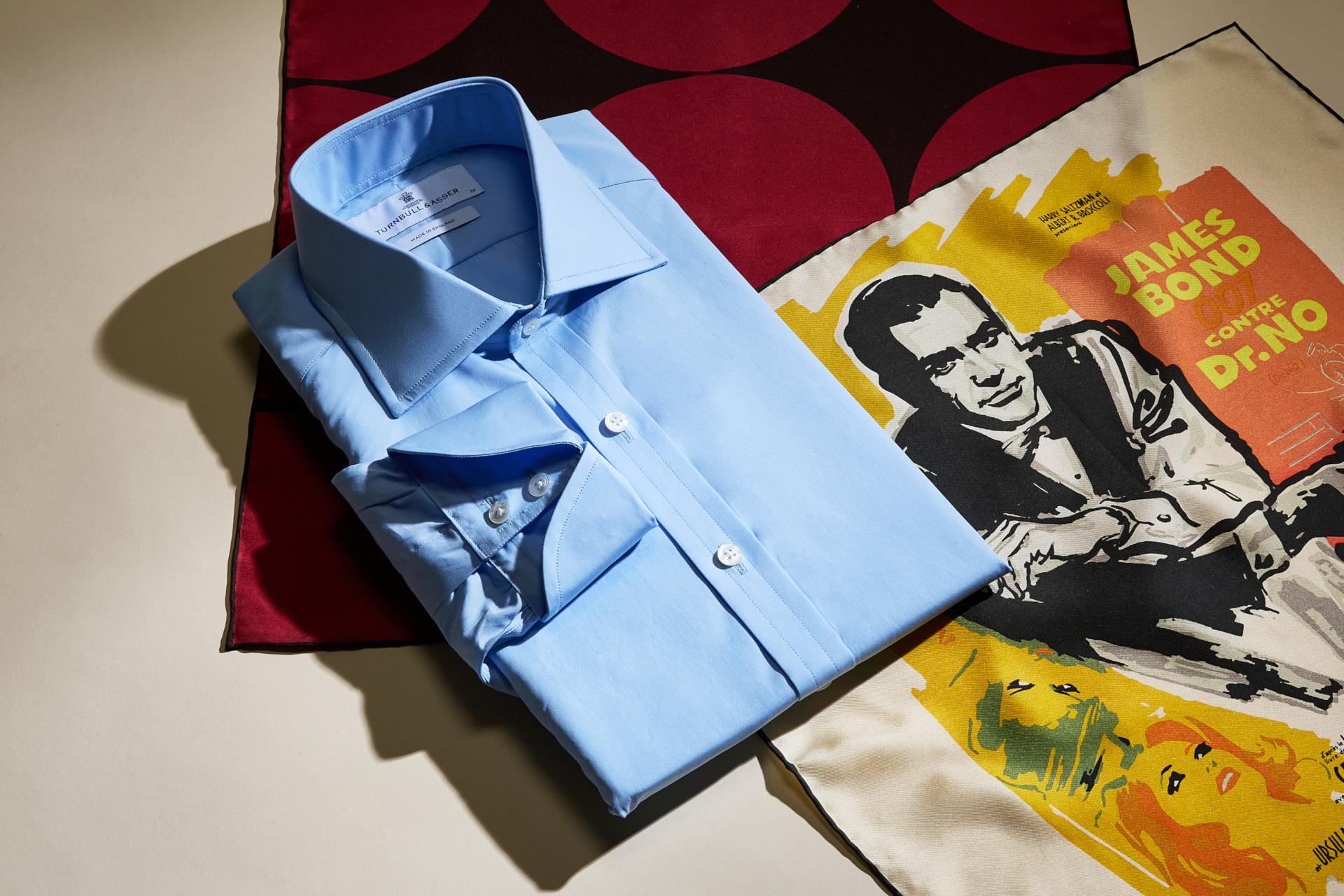 Blue James Bond shirt with memorabilia collaborations