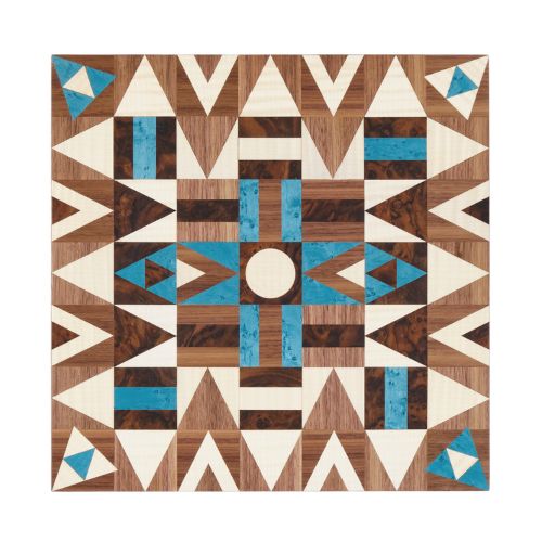 Handmade geometric poker set with blue, brown and white design