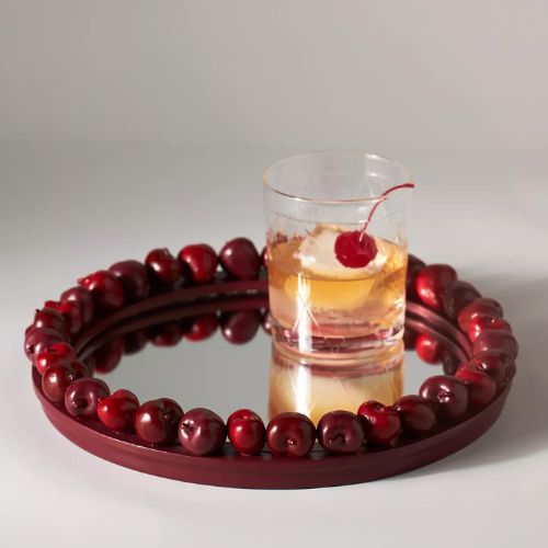 Mirrored cocktail tray with cherry red detailing