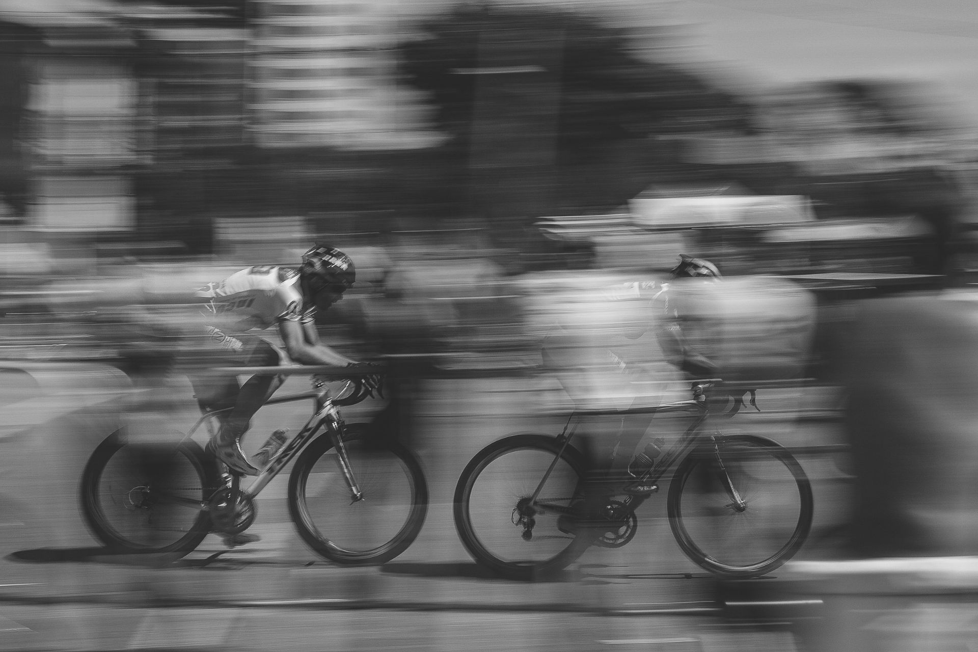 Black and white image of cyclists