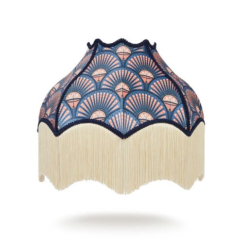Blue lampshade with Art Deco fan design and white fringing