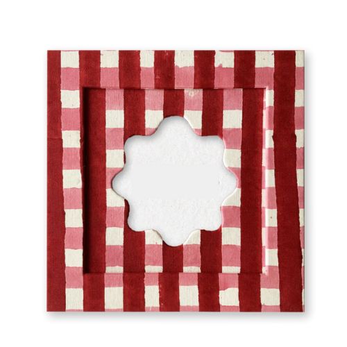 Scalloped photo frame with red and pink check design
