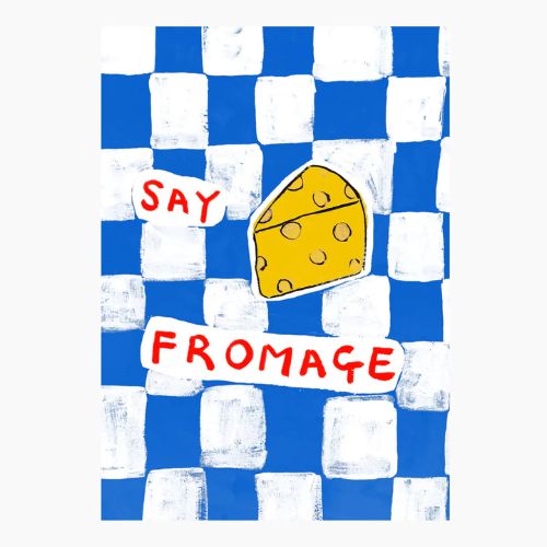 Blue and white checkerboard print with red text reading ;say fromage' and an illustration of a slice of cheesw