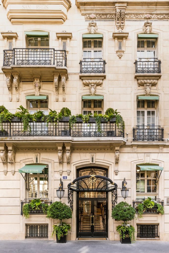 Exterior of Paris Hotel with window boxes and wrought iron balconies