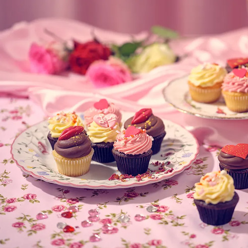 Set of mini cupcakes on a pink tablecloth