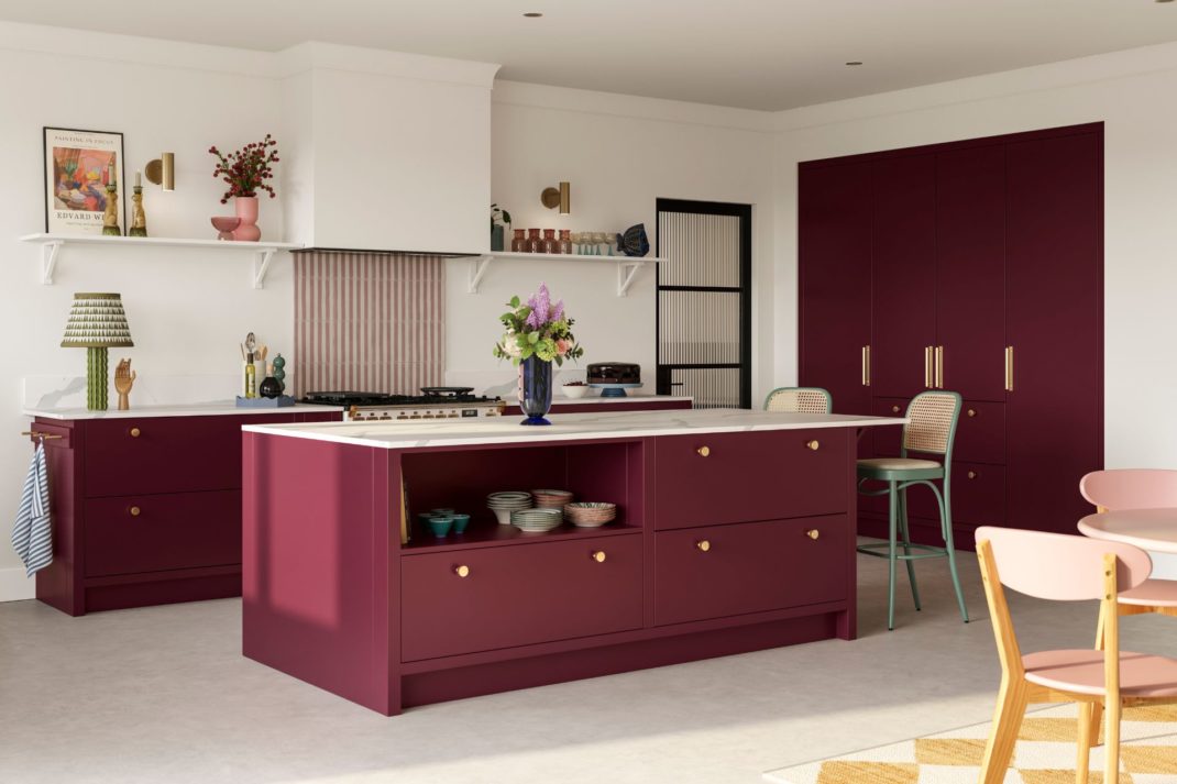 Cherry red kitchen with white countertops