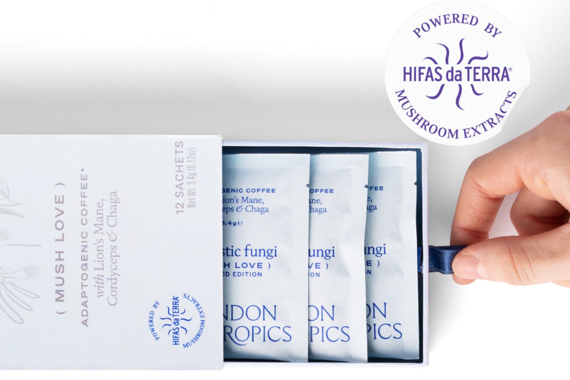 White box of adaptogenic coffee sachets with blue writing.