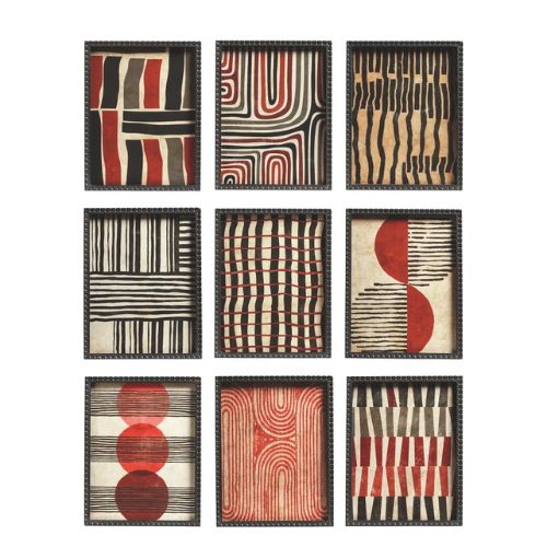Set of nin red, black and white abstract prints
